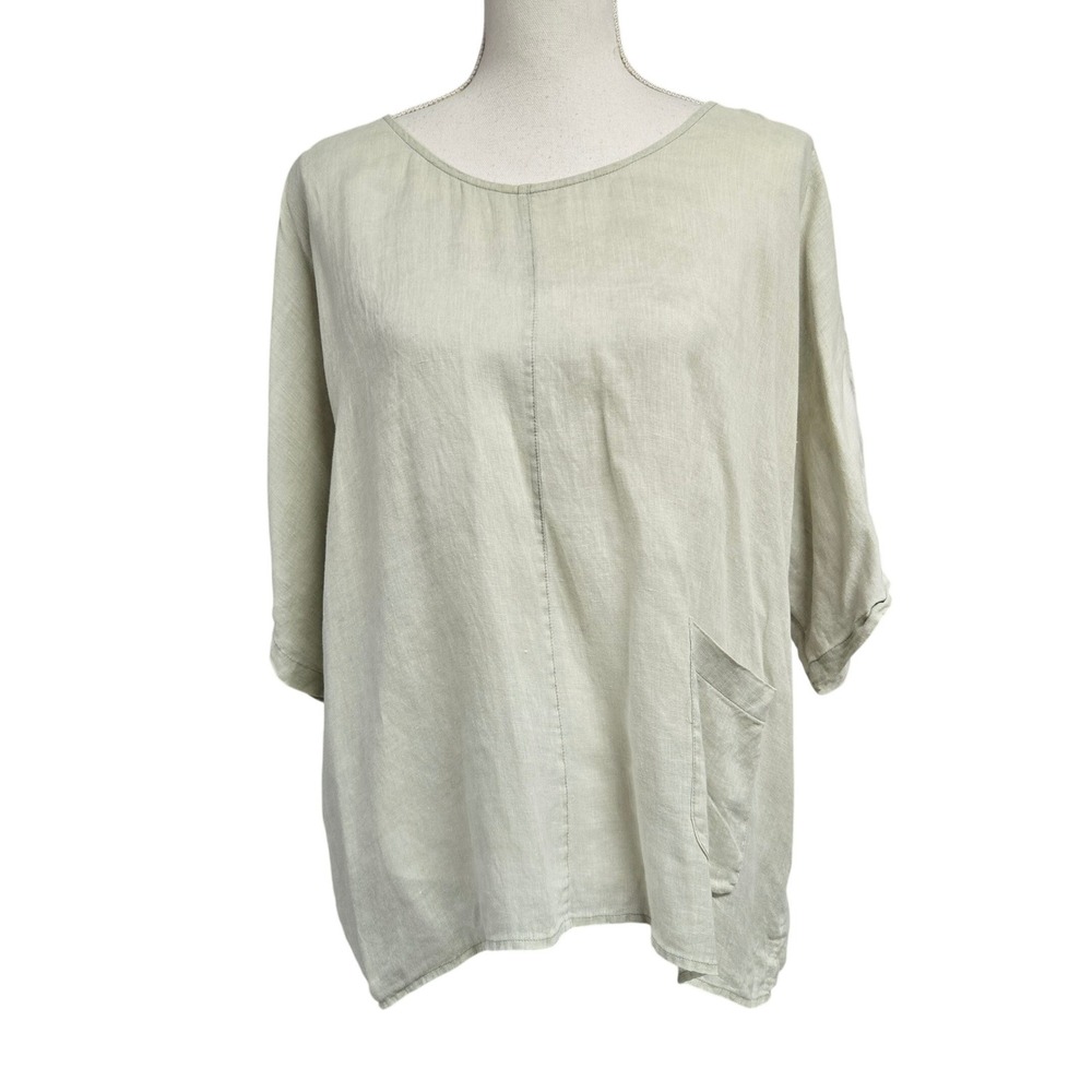J. jill Pure Jill Sage Green Garment Dyed Linen Oversized Pocket Top Blouse Sz M